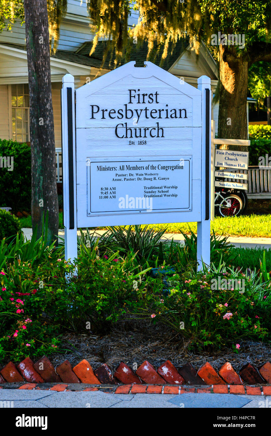 First Presbyterian Church sign on N 6th Street in the historic district of Fernandina Beach City
