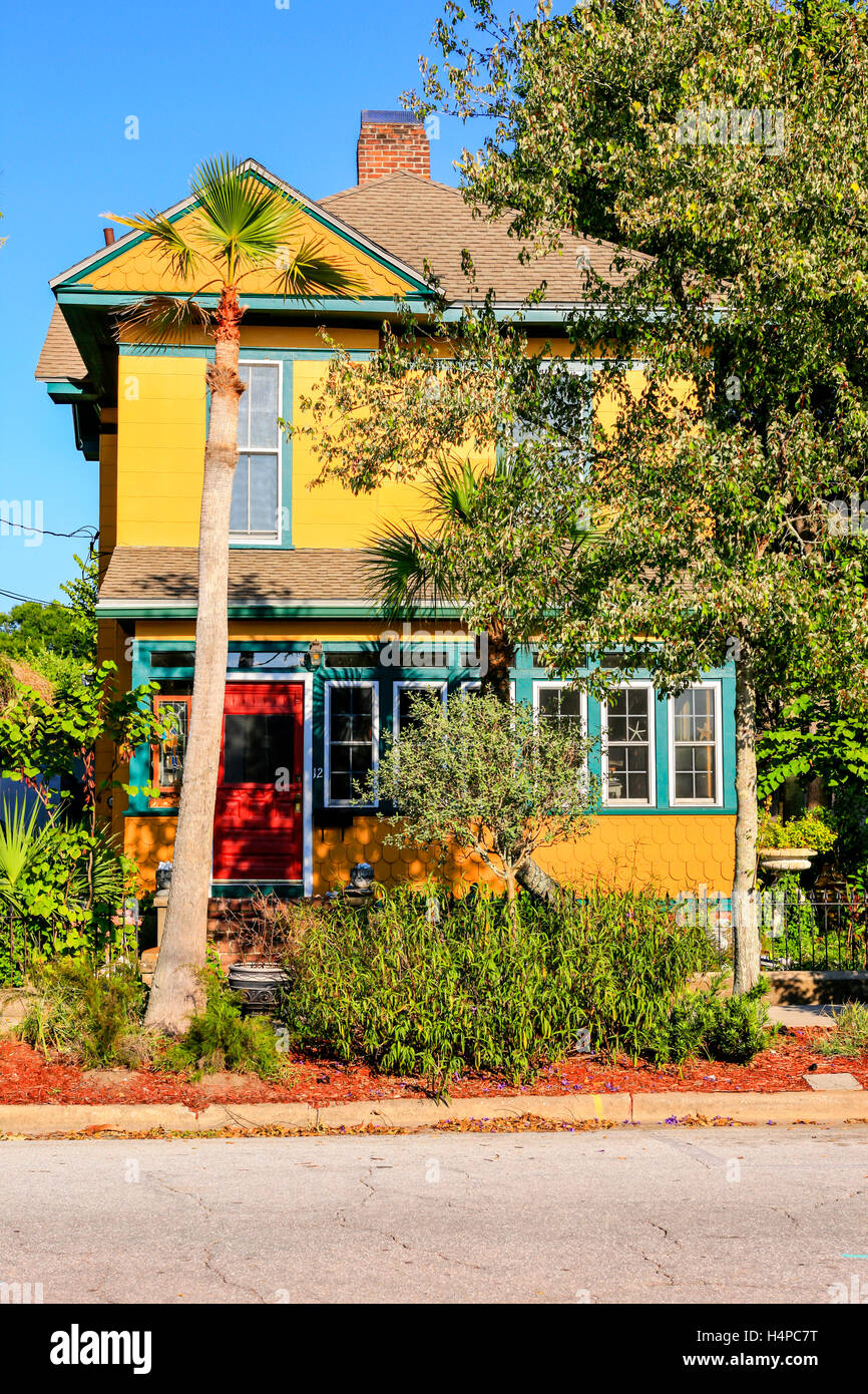 Brightly painted house on S 6th Street in the historic district of Fernandina Beach City in Florida Stock Photo