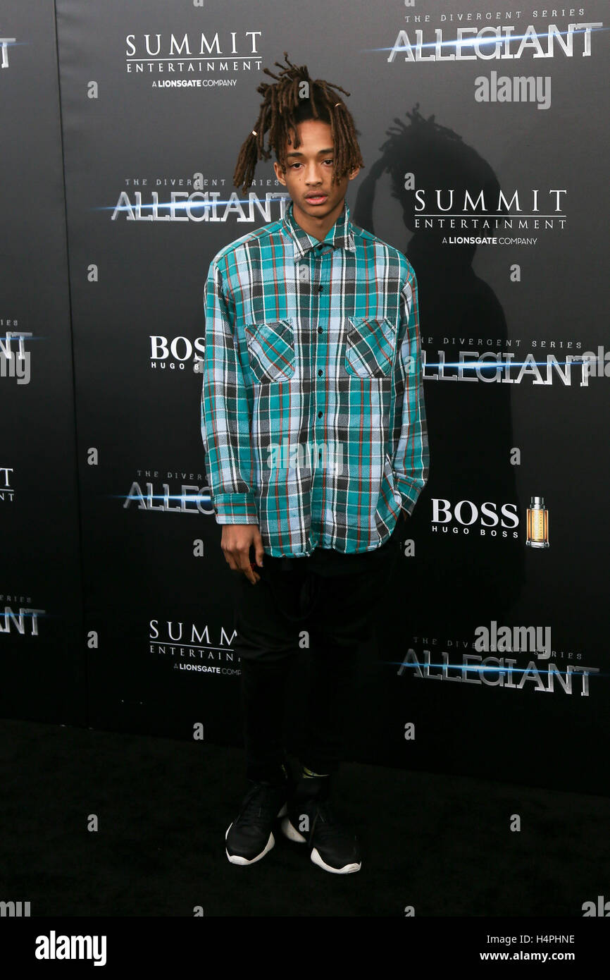 NEW YORK-MAR 14: Actor Jaden Smith attends 'The Divergent Series: Allegiant' New York premiere at AMC Loews Lincoln Square 13 Theater on March 14, 2016 in New York City. Stock Photo