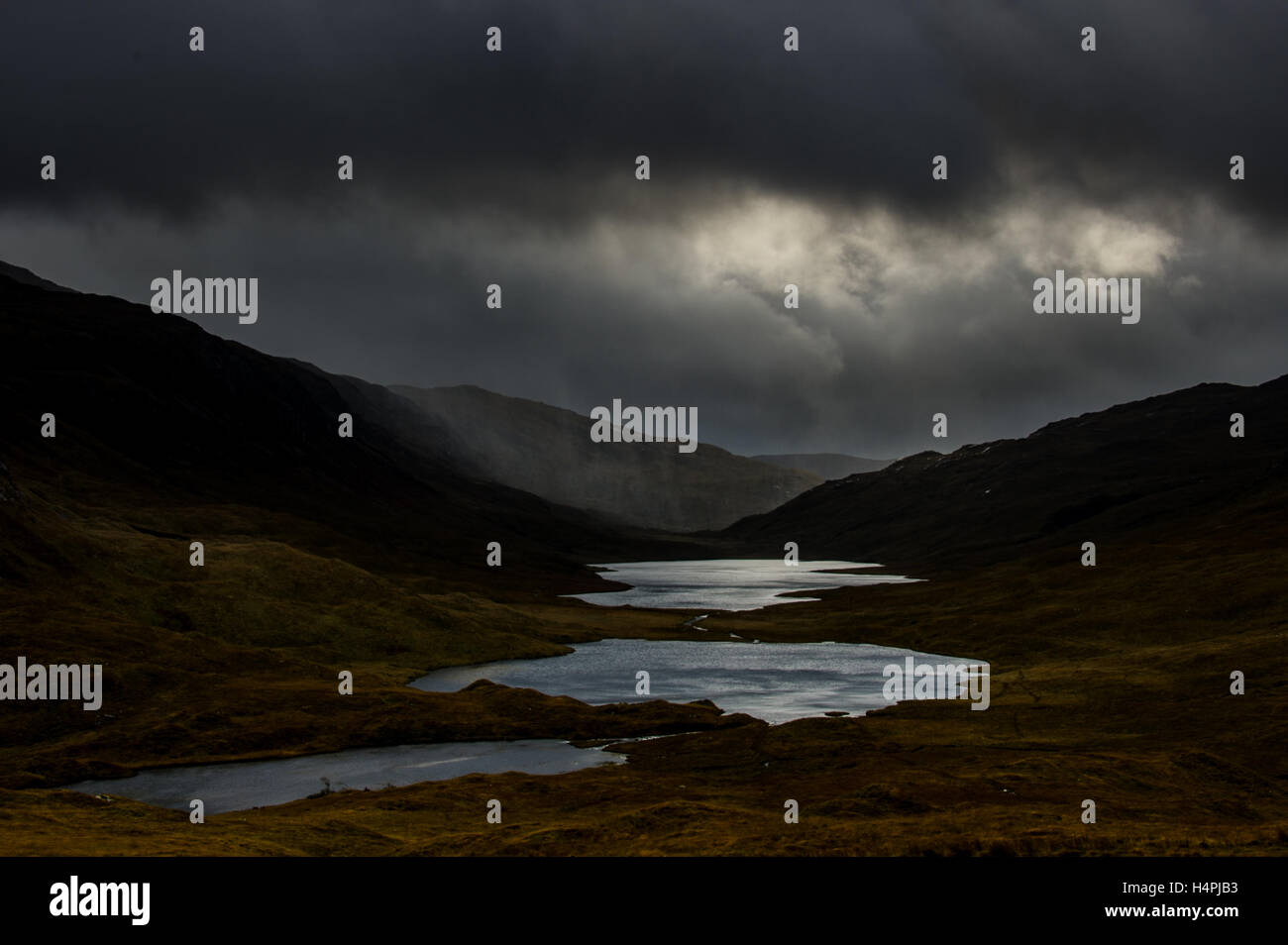 Stormy weather over three lakes on the isle of Mull Scotland Stock