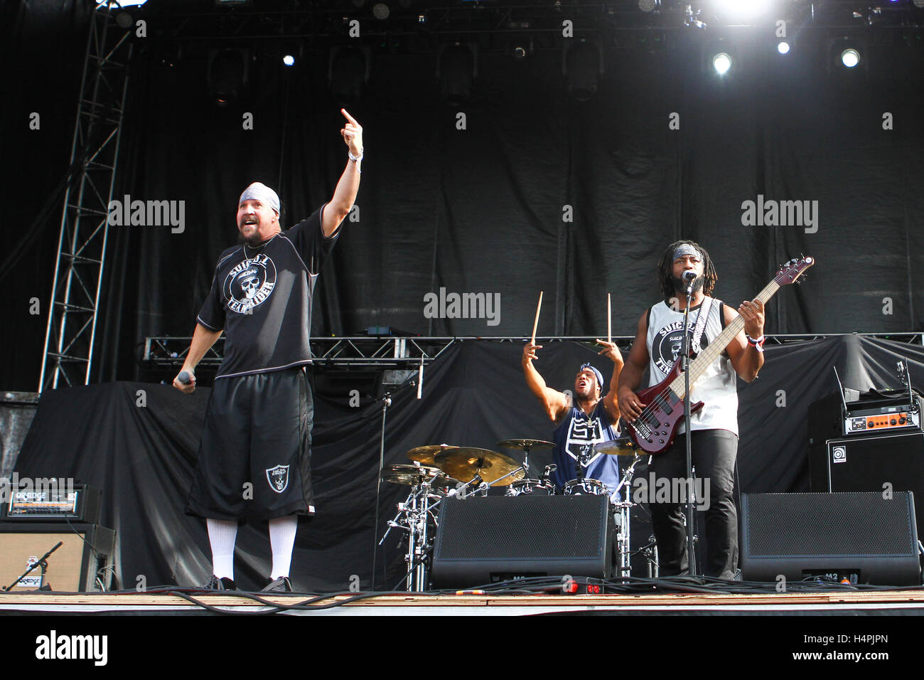 Vocalist Mike Muir (l) and Bassist Michael Morgan (r) of Suicidal Tendencies performs at 2015 Monster Energy Aftershock Festival at Gibson Ranch County Park on October 24, 2015 in Sacramento, California. Stock Photo