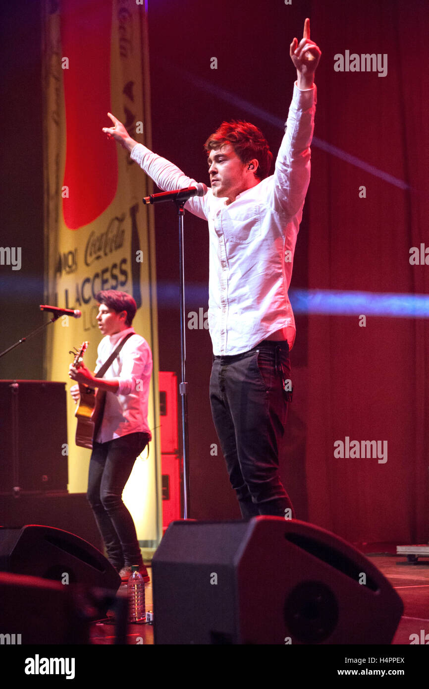 Jake Roche (r) and Charley Bagnall (l) performing live in concert with Rixton at Z100 & Coca-Cola All Access Lounge in New York City on December 12th, 2014 Stock Photo