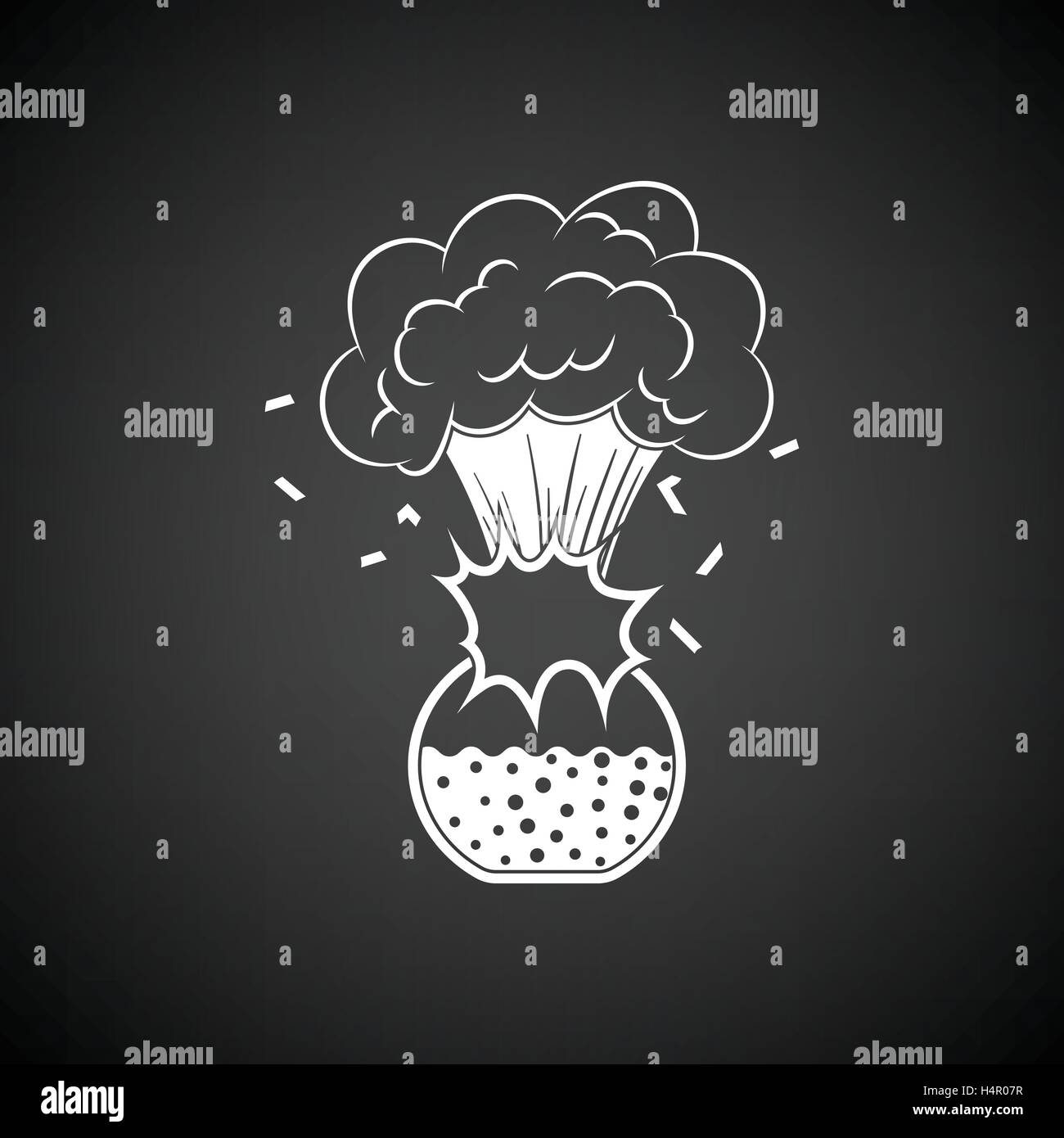 Icon explosion of chemistry flask. Black background with white. Vector