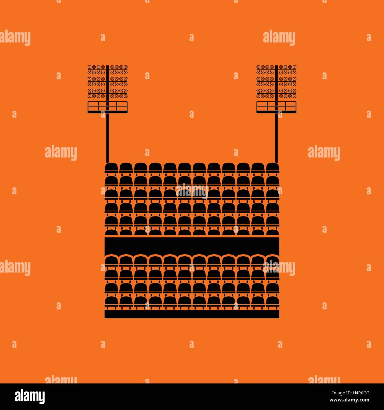 Stadium tribune with seats and light mast icon. Orange background with black. Vector illustration. Stock Vector