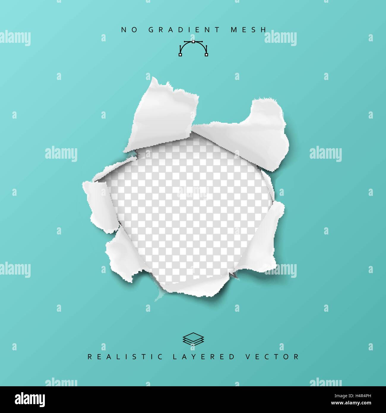 Torn paper realistic, hole in the sheet of papers on a transparent