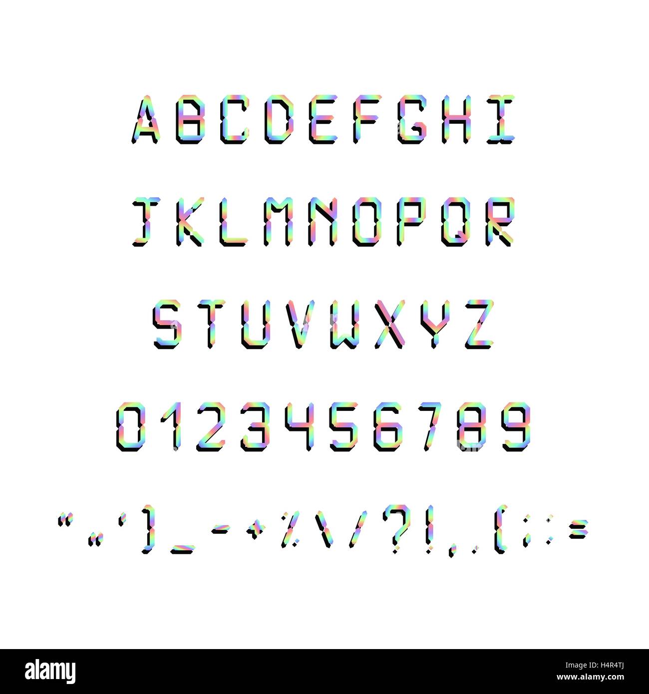 Printed font. Fonts 80s, 90s with a hologram. Simple Letters and symbols Stock Vector