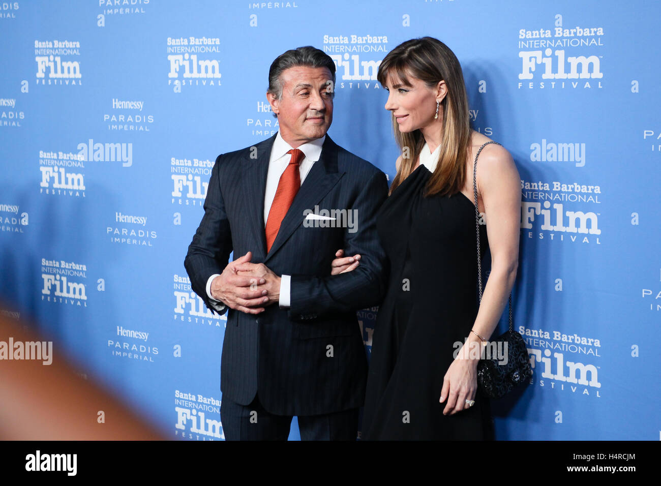 Actor Sylvester Stallone and Jennifer Flavin at The Santa Barbara International Film Festival on February 9th, 2016 in Santa Barbara, California. Stock Photo