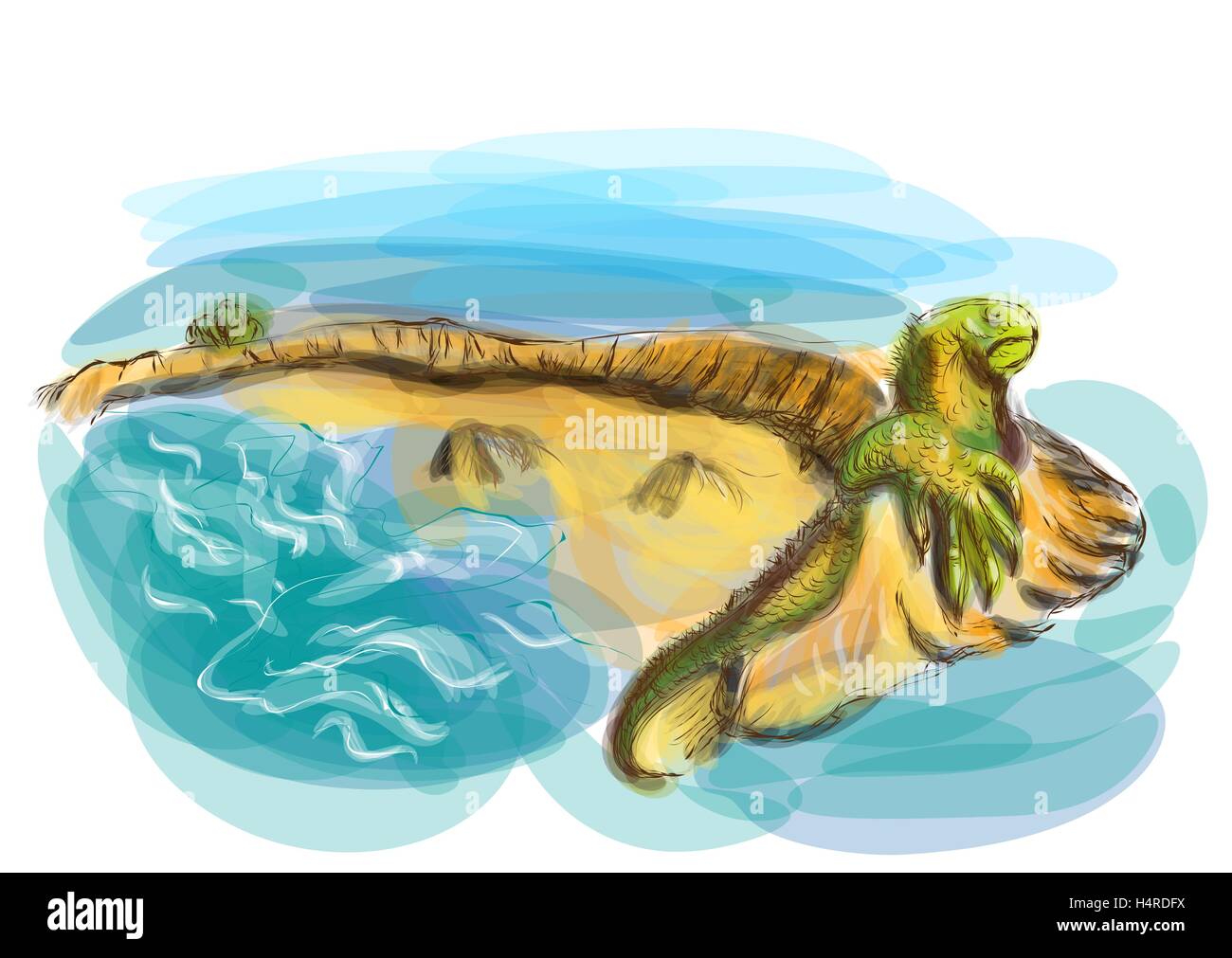 galapagos landscape. iguana on sand of the beach Stock Vector