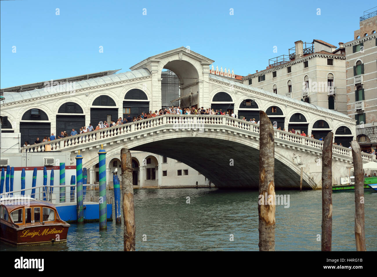 Rialto Bridge at the Grand Canal of Venice in Italy. Stock Photo