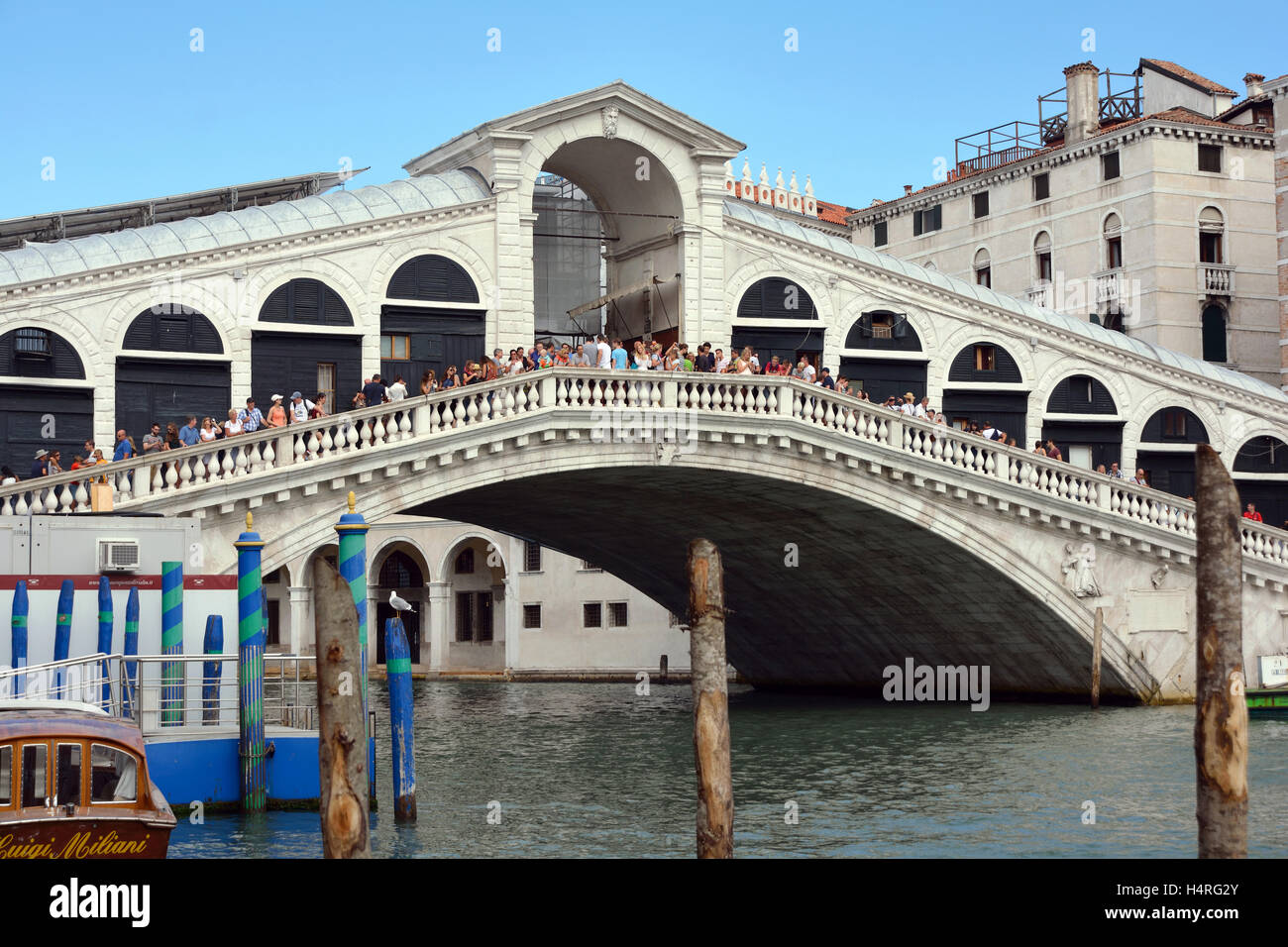 Rialto Bridge at the Grand Canal of Venice in Italy. Stock Photo