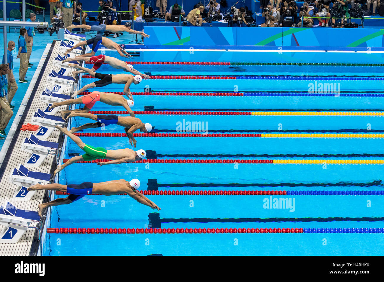 Rio de Janeiro, Brazil. 6 August 2016. Start of the Men's 400m Freestyle heat at the 2016 Olympic Summer Games.© Paul J. Sutton/PCN Photography. Stock Photo
