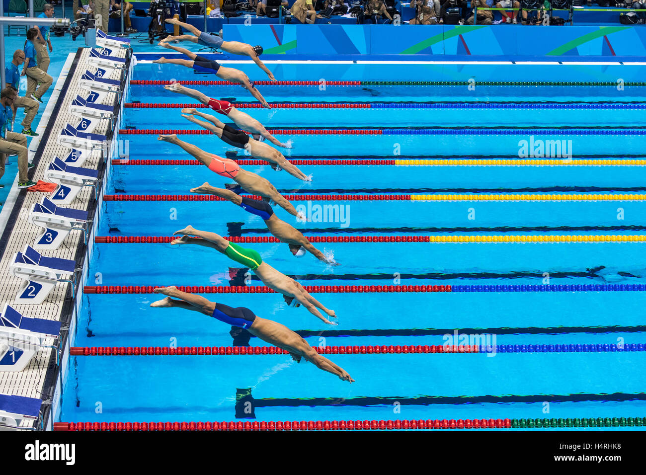 Rio de Janeiro, Brazil. 6 August 2016. Start of the Men's 400m Freestyle heat at the 2016 Olympic Summer Games.© Paul J. Sutton/PCN Photography. Stock Photo