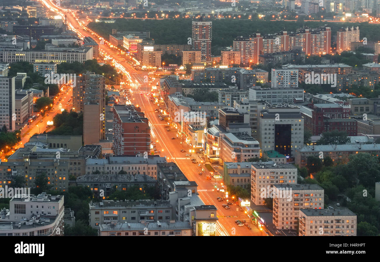 Top view of Moscow city skyline. View on a great street in the center of Moscow with heavy traffic in the evening Stock Photo