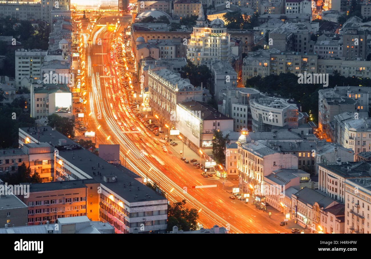 Top view on a great street in the center of Moscow with heavy traffic in the evening Stock Photo