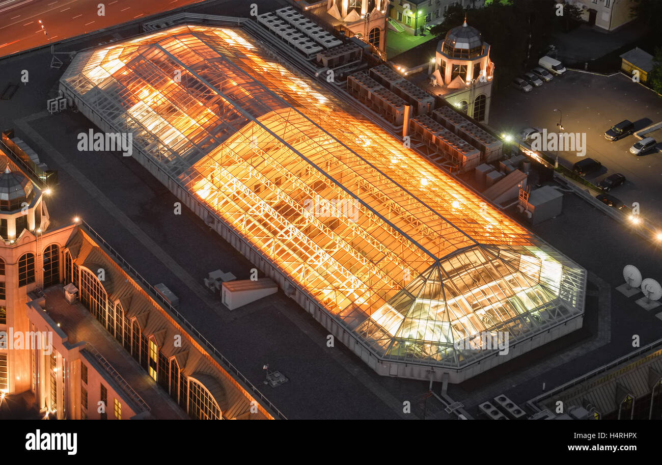 Large glass dome on the roof of the building. Giant airconditioning