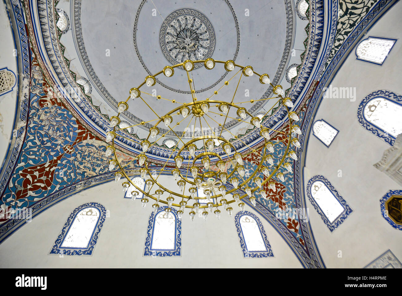 Mustafa Pasha Mosque. Wide angle view of ceiling and golden lamp . Skopje, Macedonia Stock Photo