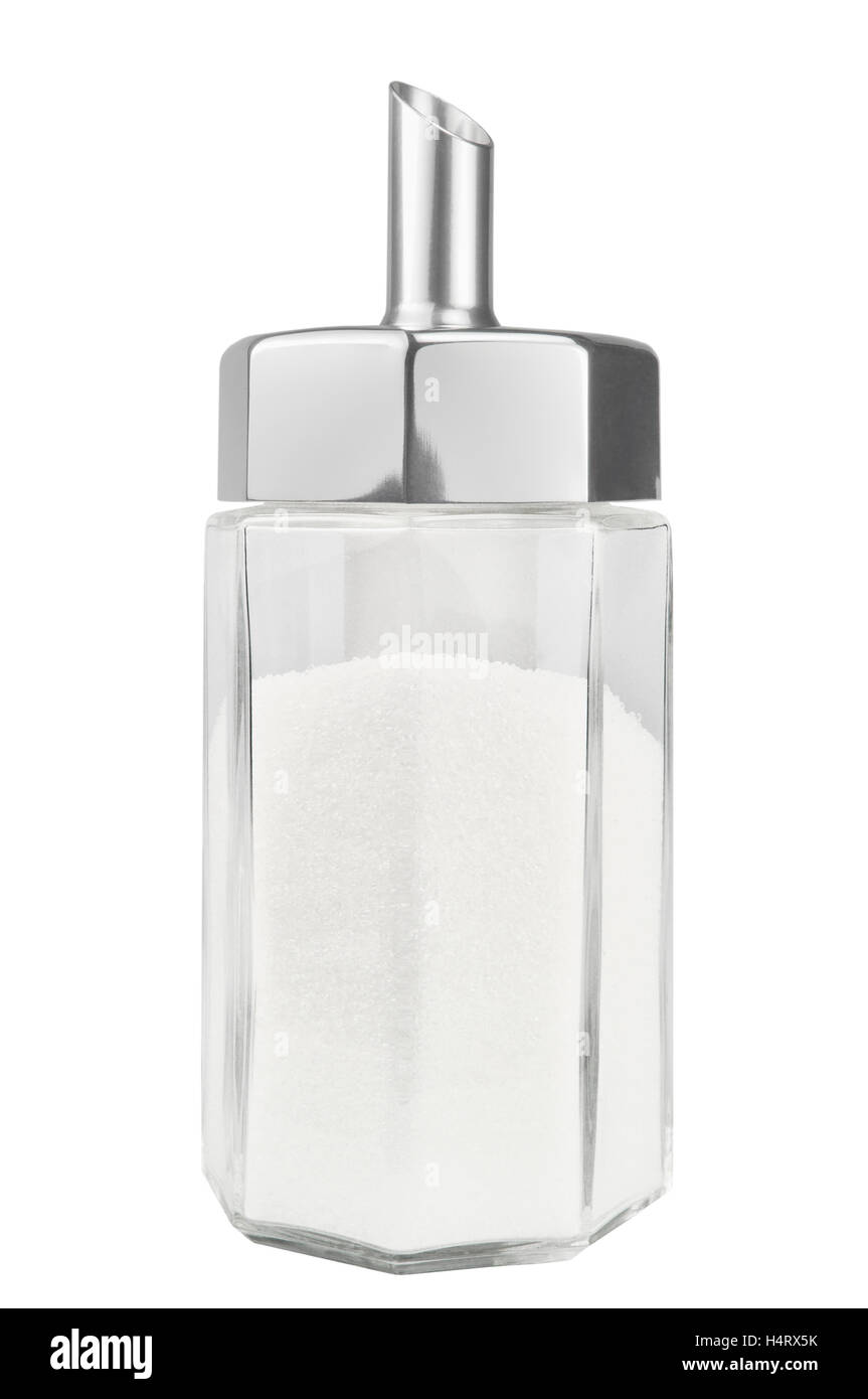 Sugar bowl isolated macro closeup, large detailed glass dispenser