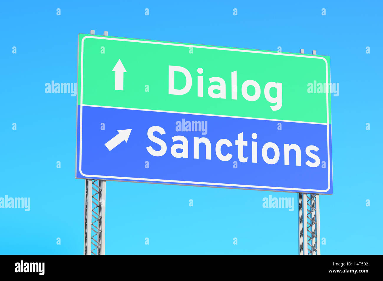sanctions or dialog green road signs, 3D rendering Stock Photo