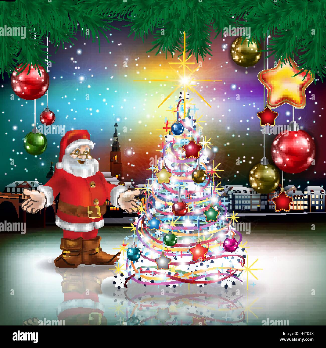 Christmas greeting with panorama of old city and Santa Claus Stock ...