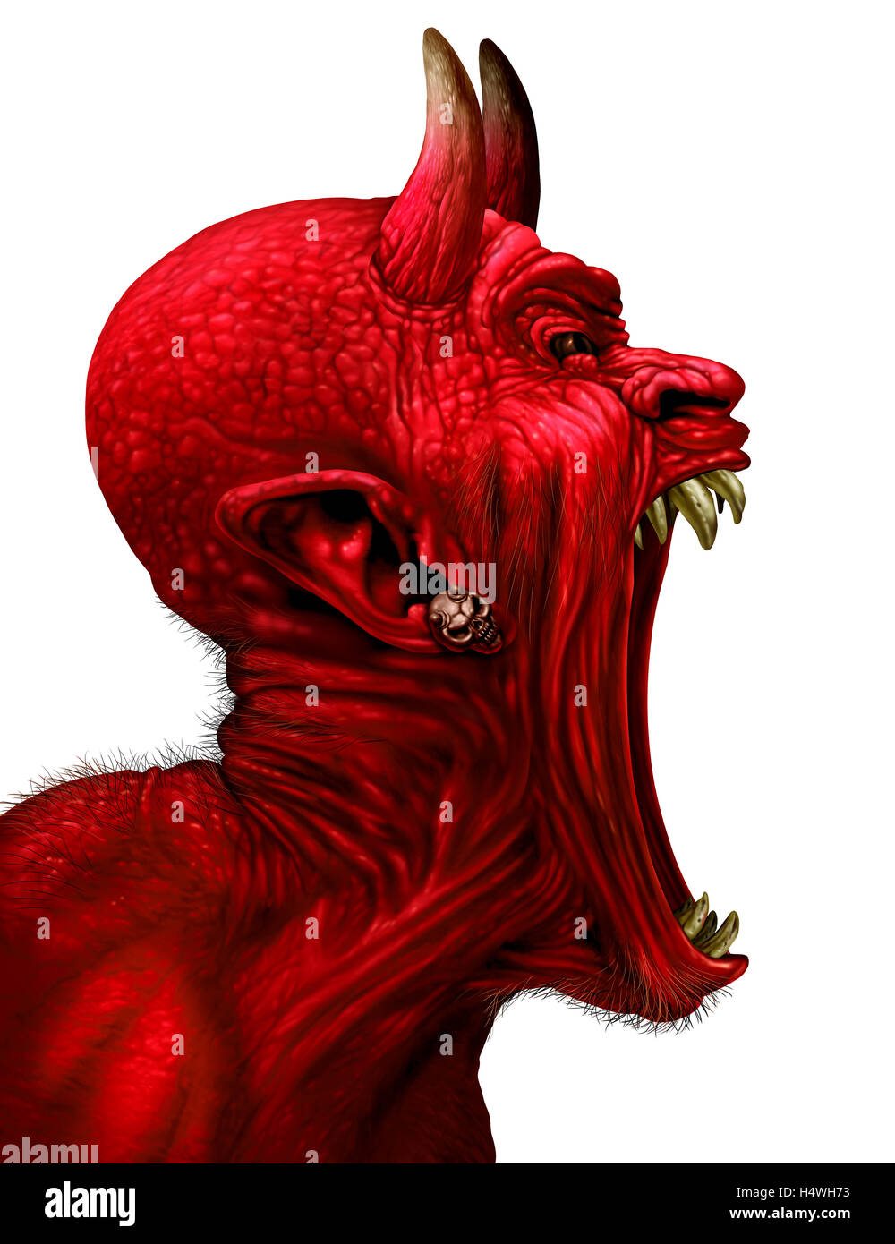 Devil scream character as a red demon or monster sreaming with fangs and teeth with in an open mouth as a side view horror face Stock Photo