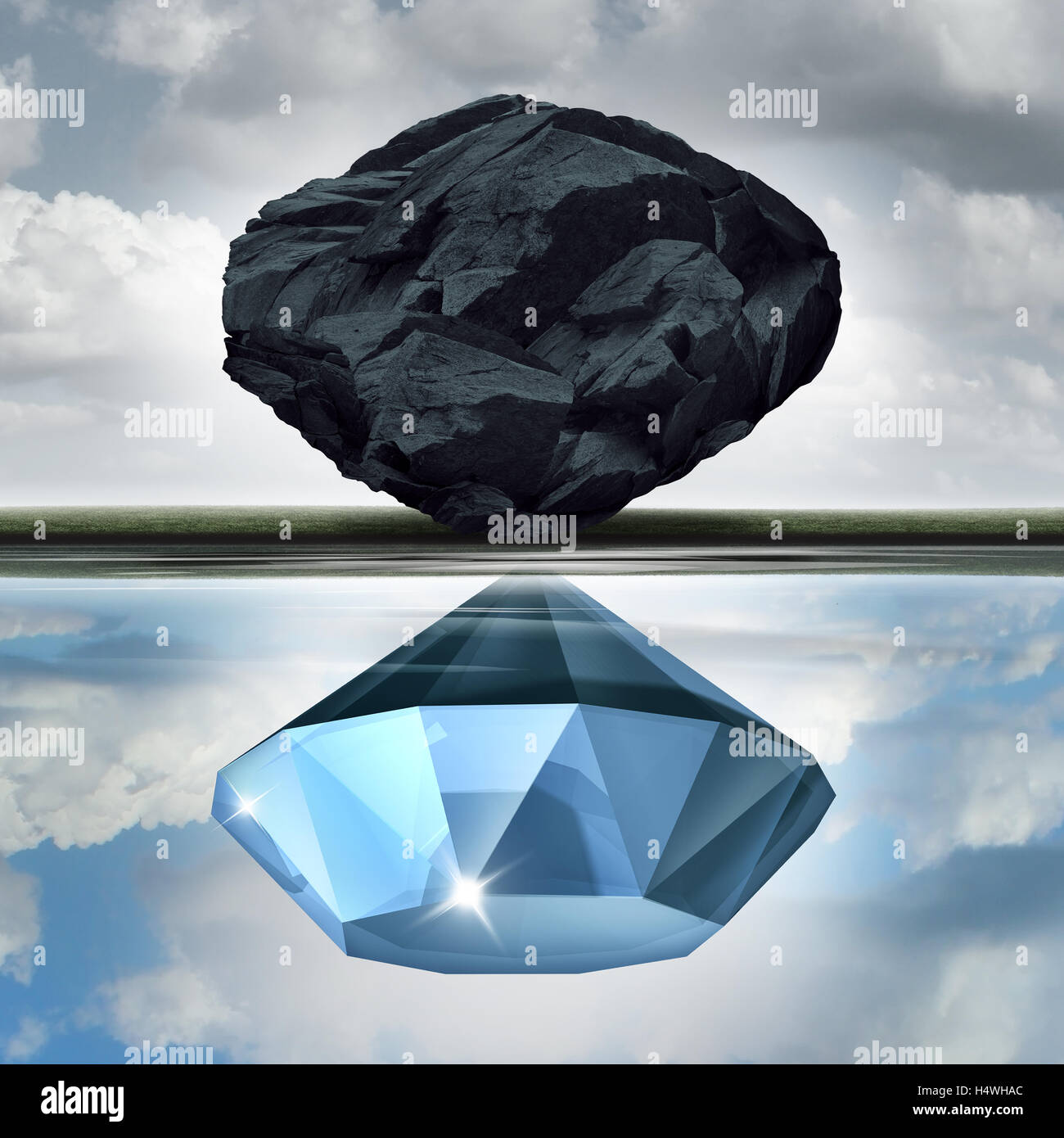 Valuation vision seeing the possibilities of value opportunity as a wealth financial visualization concept as a rock or coal making a reflection in the water of a precious diamond with 3D illustration elements. Stock Photo