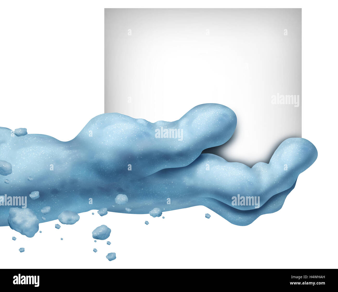 Snowman snow hand sign as cold ice frost fingers holding a banner with