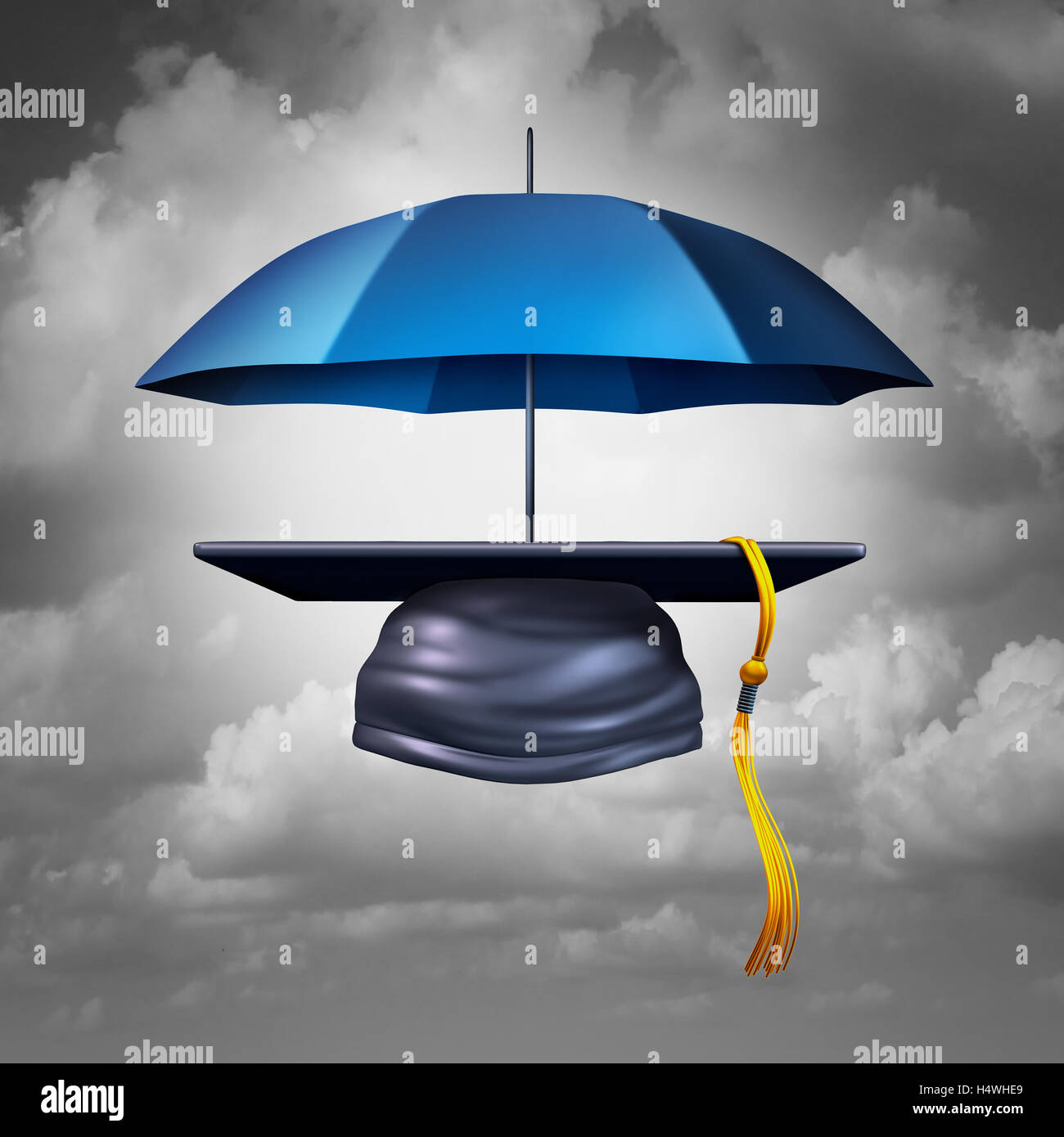 Education protection and teaching shelter for literacy and learning as a graduation hat or mortar cap protected by an umbrella as a symbol for guarding academic schooling and providing security to students as a 3D illustration. Stock Photo