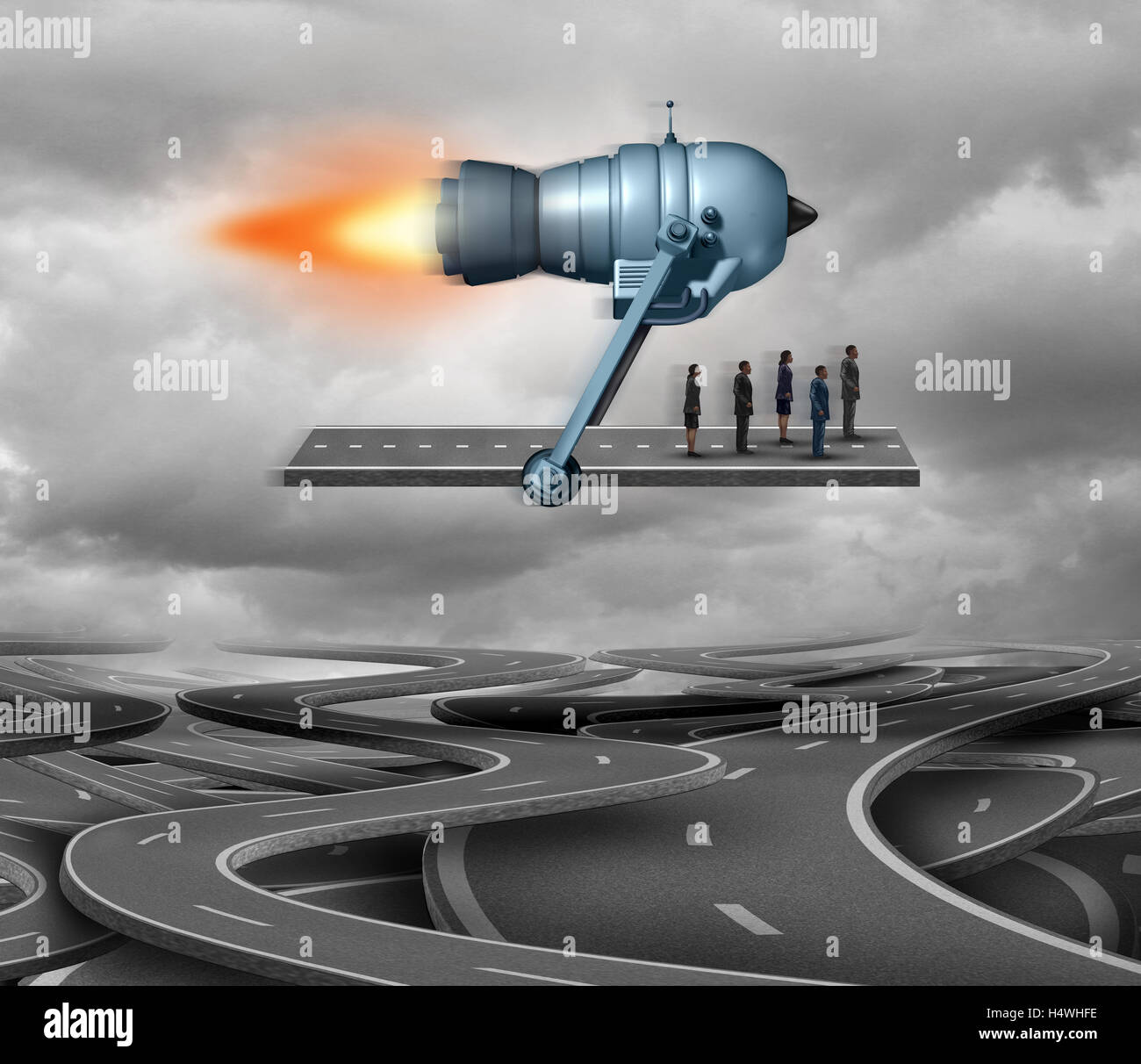Fast track and direct route concept or business travel symbol as piece of road being thrusted by a rocket engine transporting businesspeople as a corporate achievement symbol with 3D illustration elements. Stock Photo