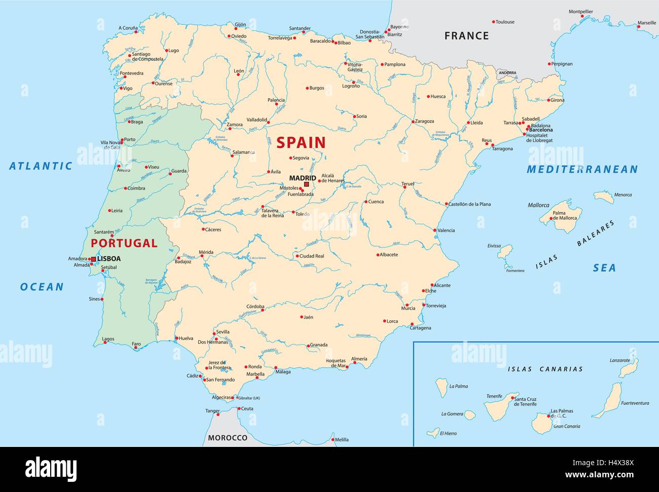Mapa Geográfico Da Espanha Com Cidades Importantes Foto de Stock - Imagem  de fronteira, importante: 97847648