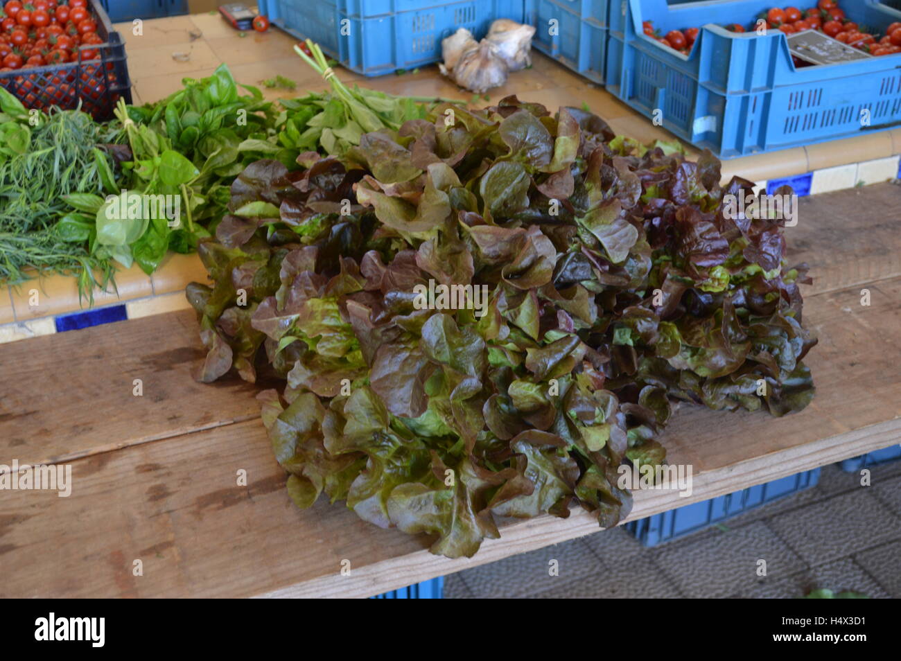 Vegetables, Market, Le Touquet, France, Summer 2016, Greens, Table, leaves, lettuce Stock Photo
