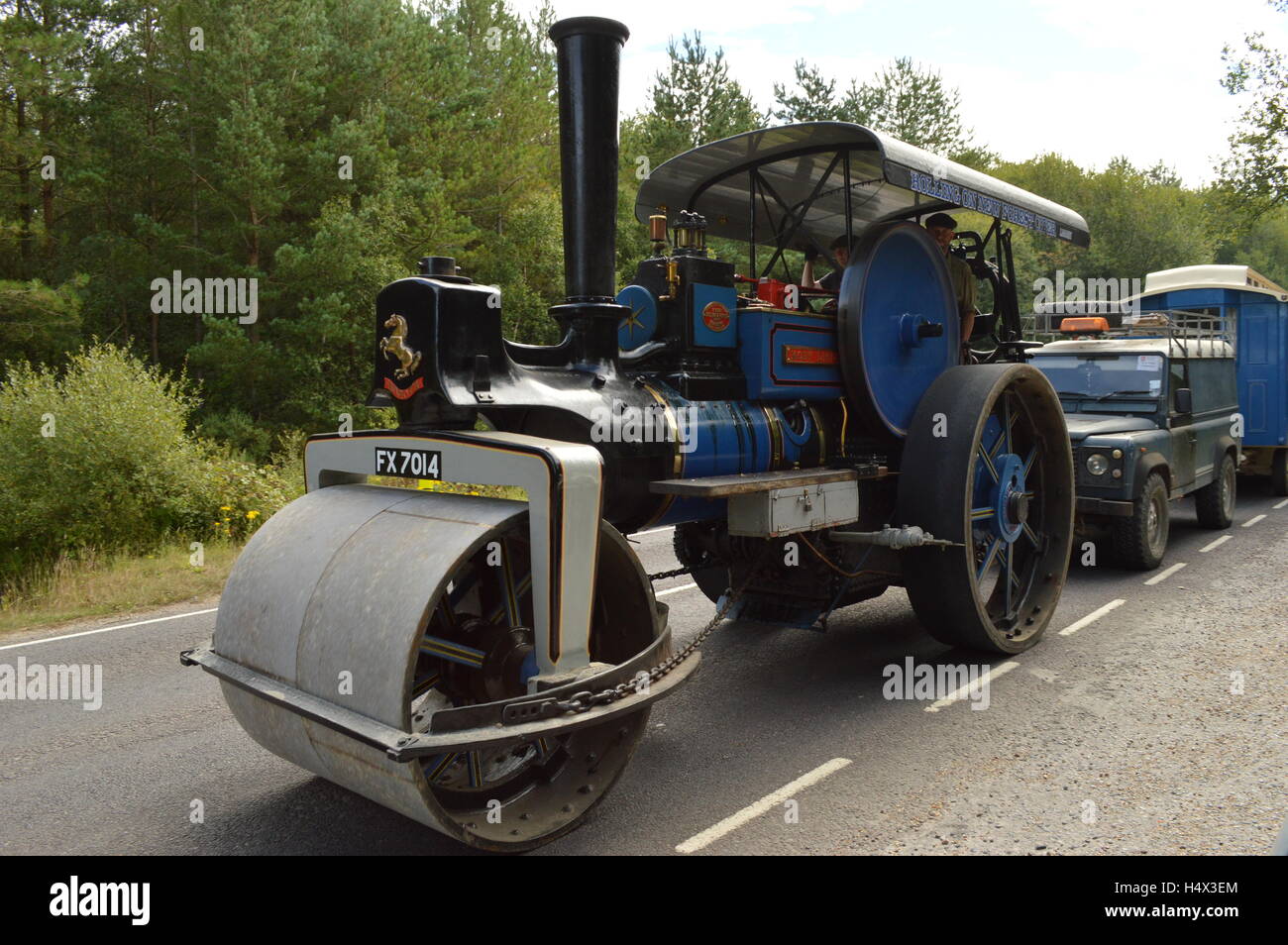 Steam roller, Steamroller, Steam, Dorset Steam Fair, 2015, road, convoy, holdup, caravan, Verwood Stock Photo