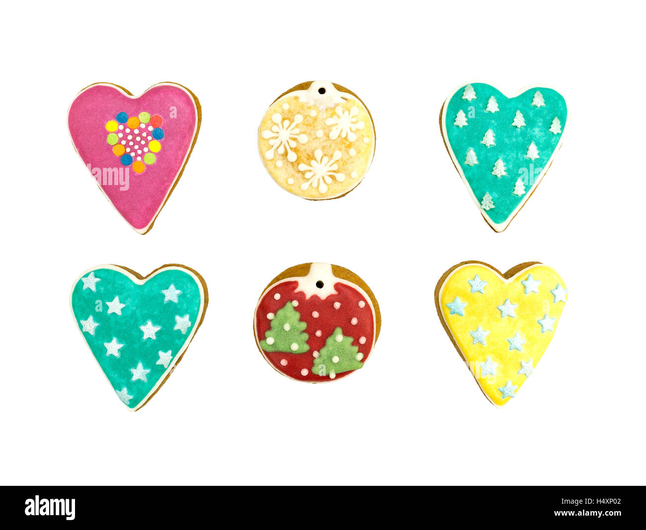 various gingerbread cookies on white background - ball, heart shapes ...