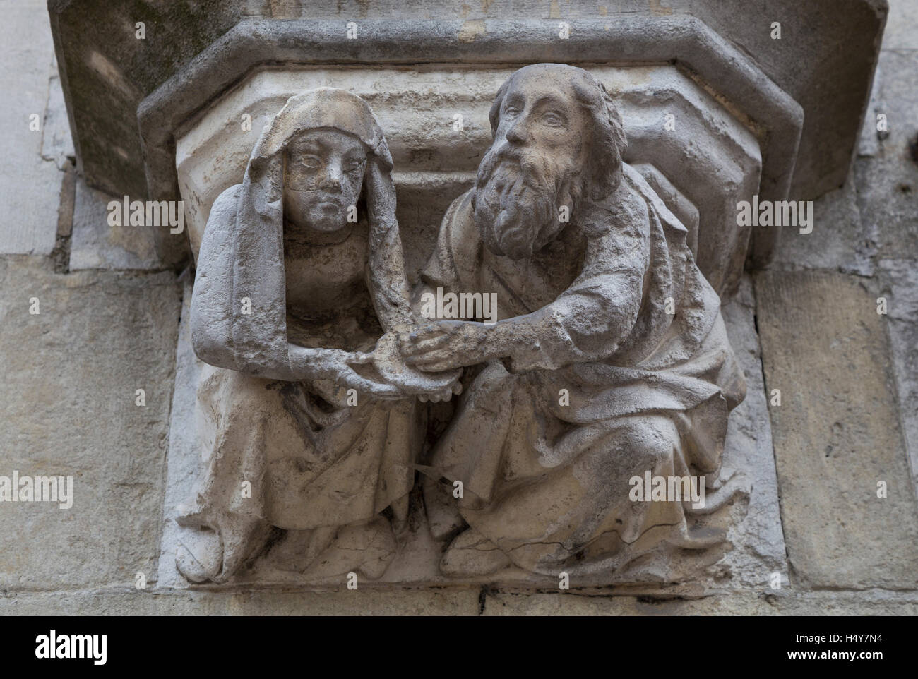 Detail beneath one of the statues on the facade of the Stadhuis, Brugge, Belgium Stock Photo