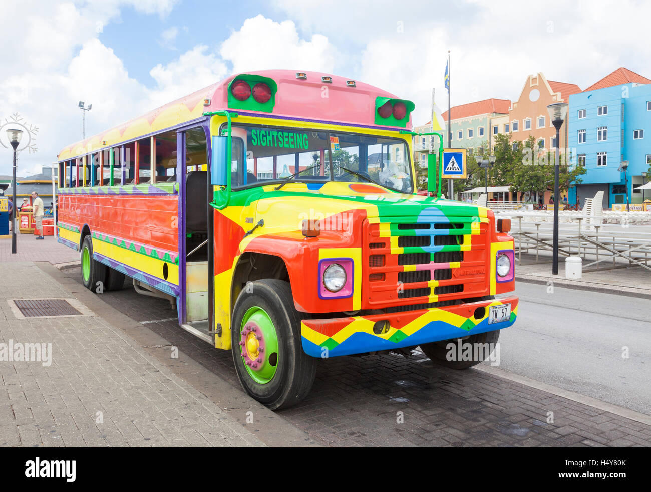 Colorfully painted school bus used as a sightseeing bus parked at