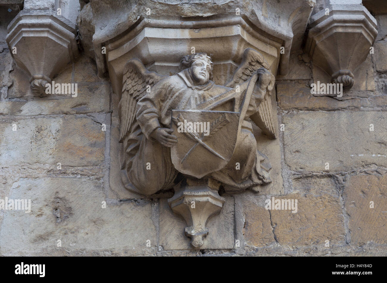 Detail beneath one of the statues on the facade of the Stadhuis, Brugge, Belgium Stock Photo