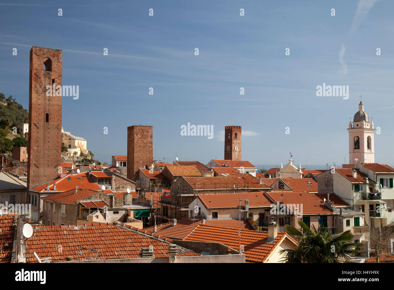 Townscape, city towers, Noli, Italian Riviera, Liguria, Italy, Europe Stock Photo