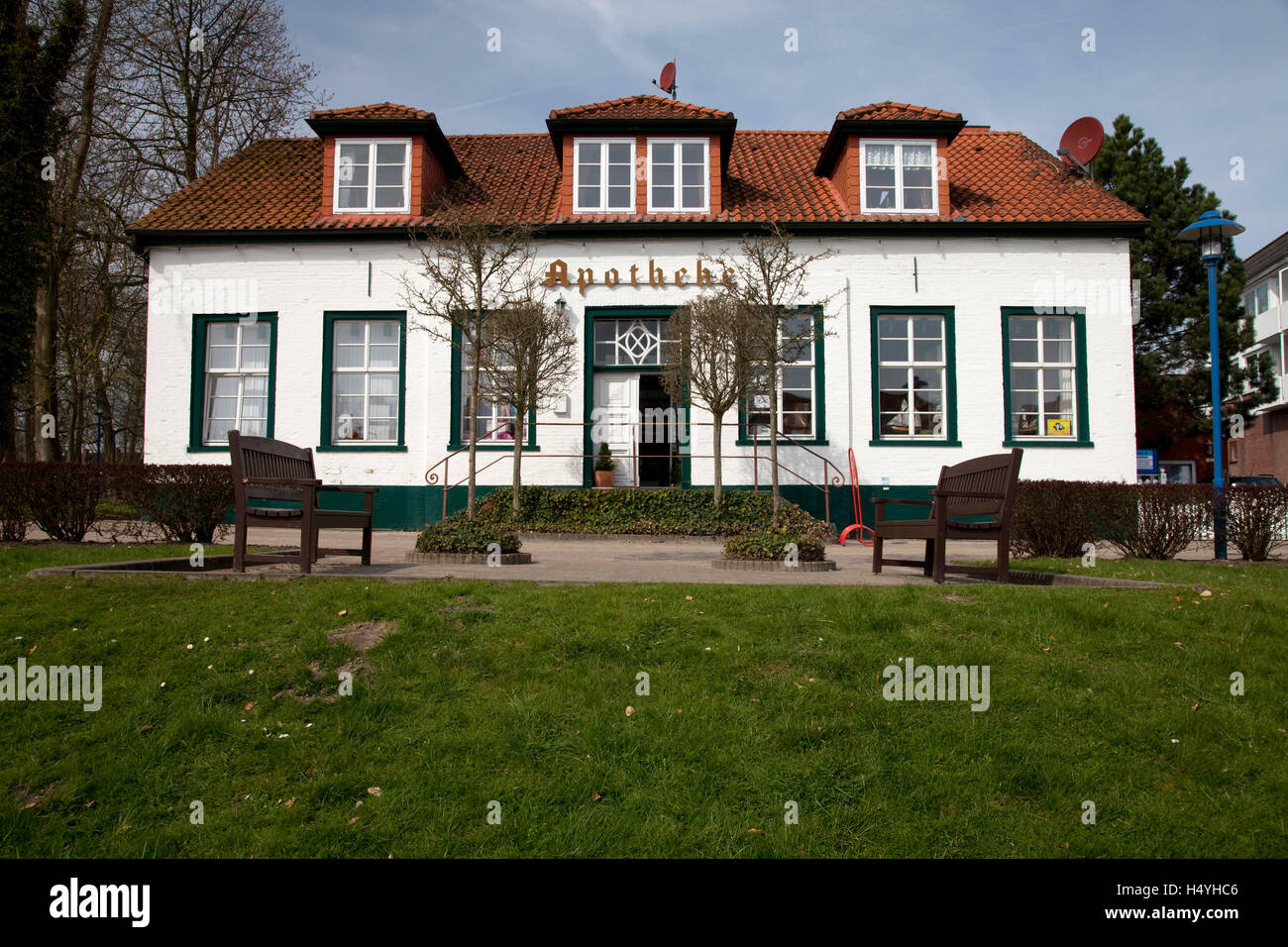 Old pharmacy, Neuharlingersiel, East Frisia, Lower Saxony, Germany, in Europe Stock Photo