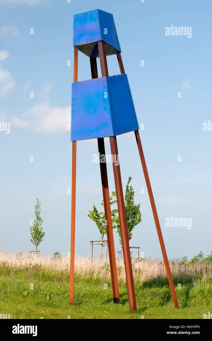 Blue lighthouse on the mining wast tip Grosses Holz, Bergkamen, Ruhr Area, North Rhine-Westfalia Stock Photo