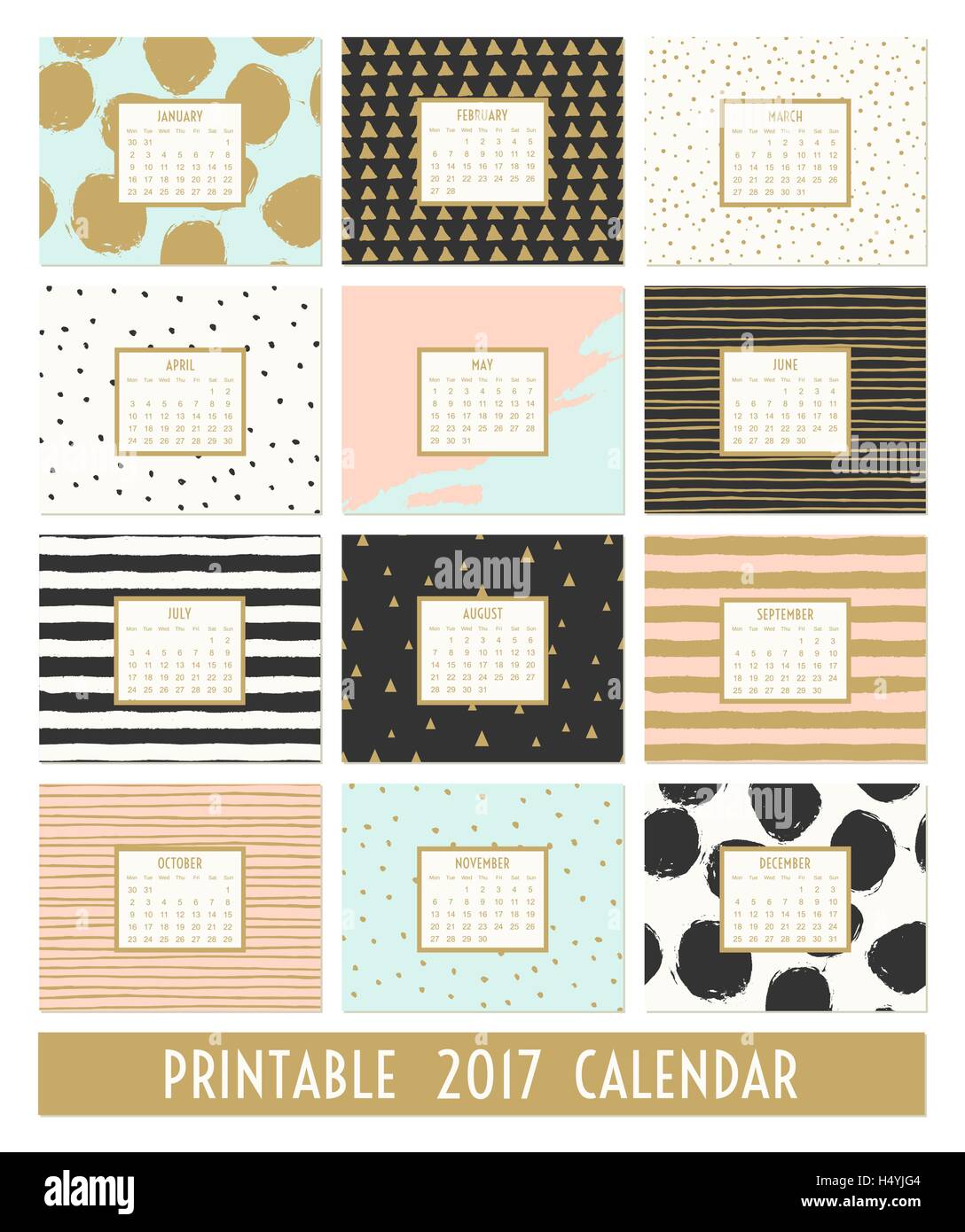 Twelve month 2017 calendar template Hand drawn patterns in black gold Twelve month 2017 calendar template Hand drawn patterns in black gold