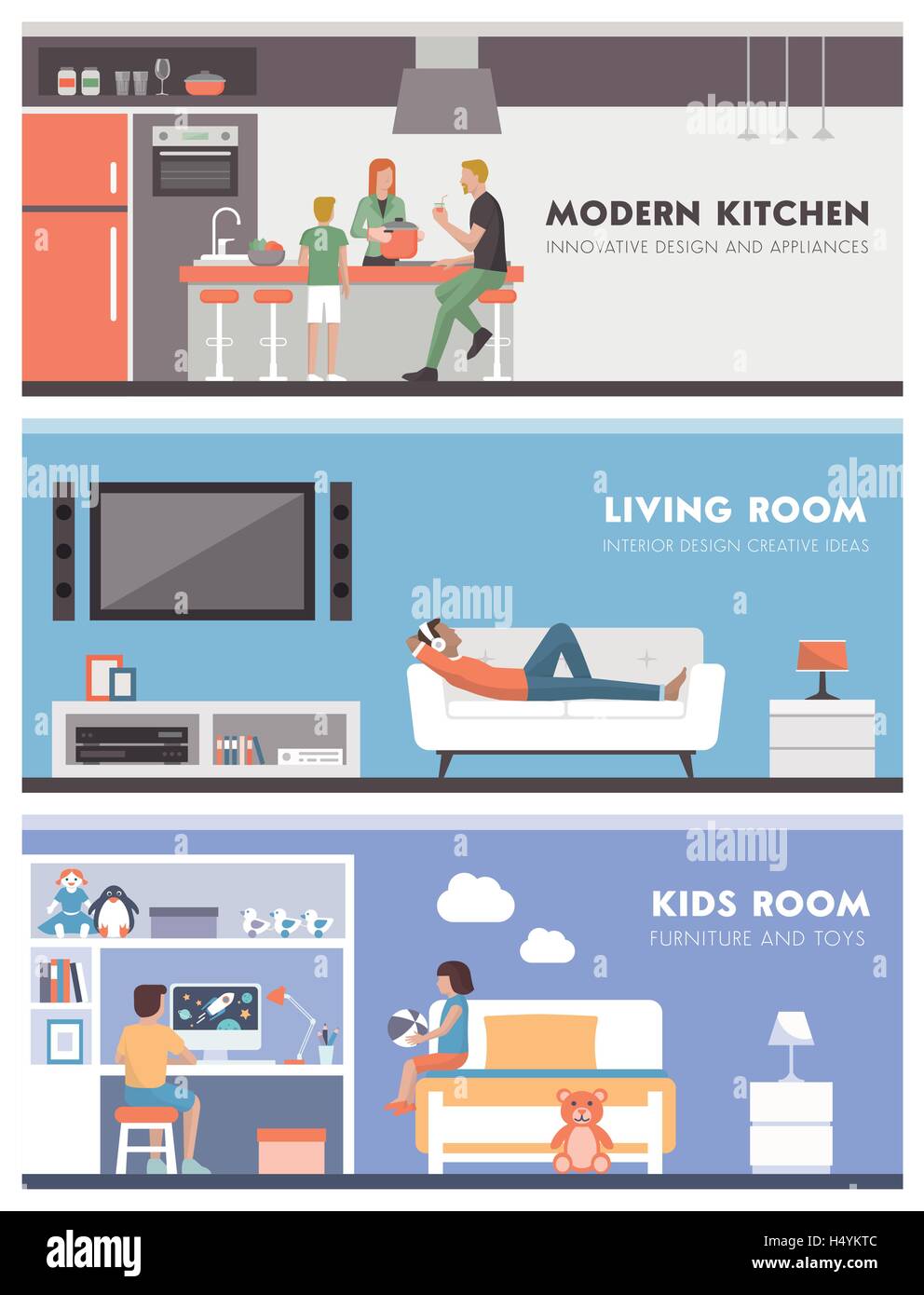 Domestic lifestyle and room interiors banners set with people: kitchen, living room and kids bedroom Stock Vector