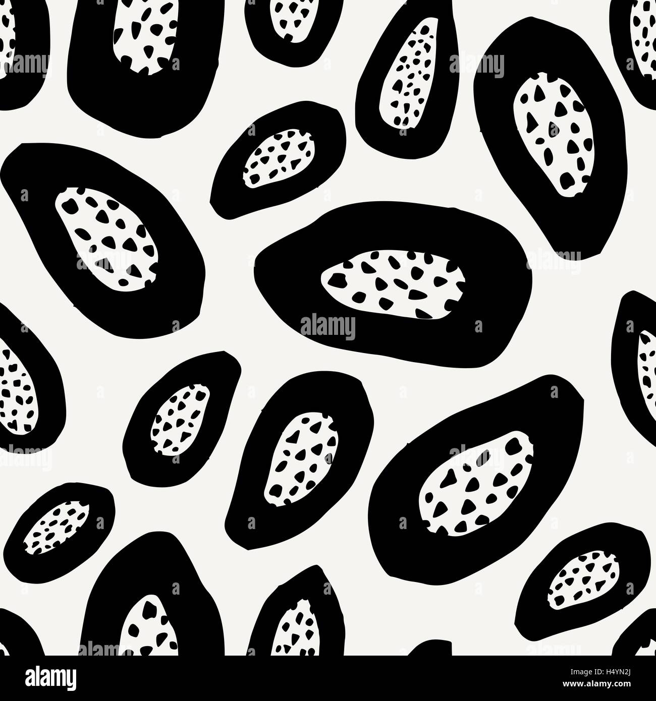 Seamless repeating pattern with hand drawn papayas in black on cream ...