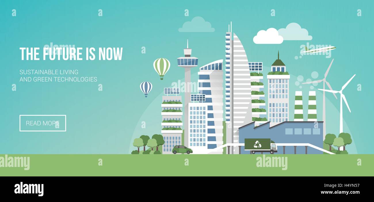 Futuristic green city with wind turbines and skyscrapers ...