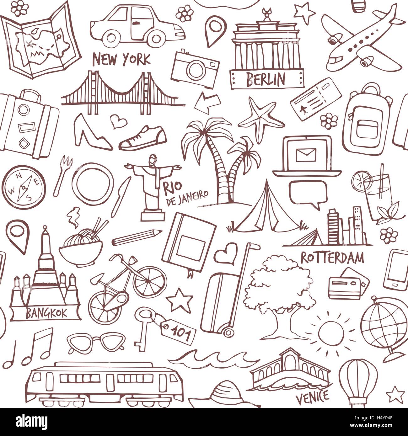 Tourism and travel seamless hand drawn pattern with travel destinations Stock Vector