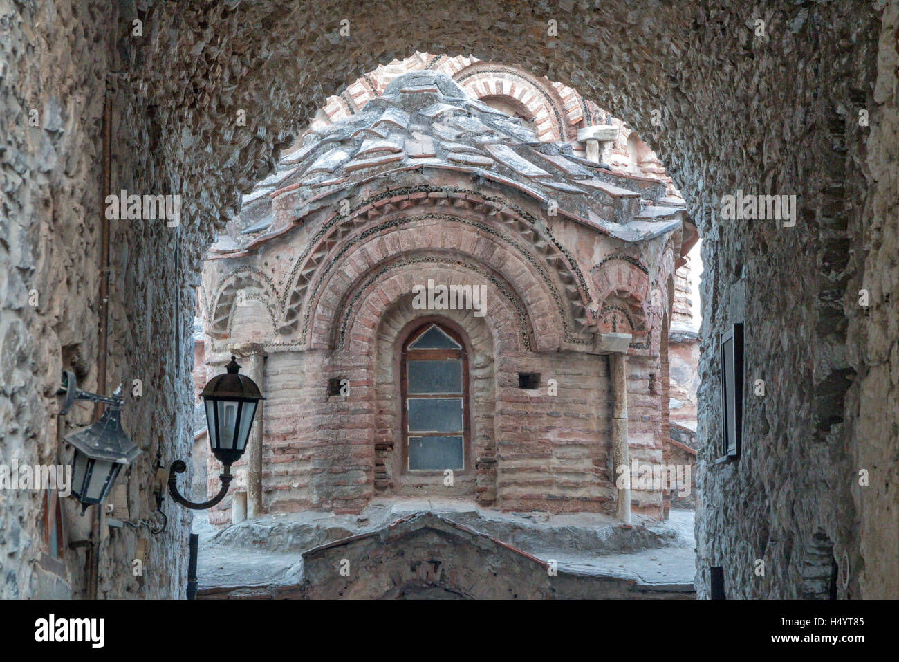 Old byzatine church Agios Apostoli at Pyrgi town square Chios Island Greece Stock Photo