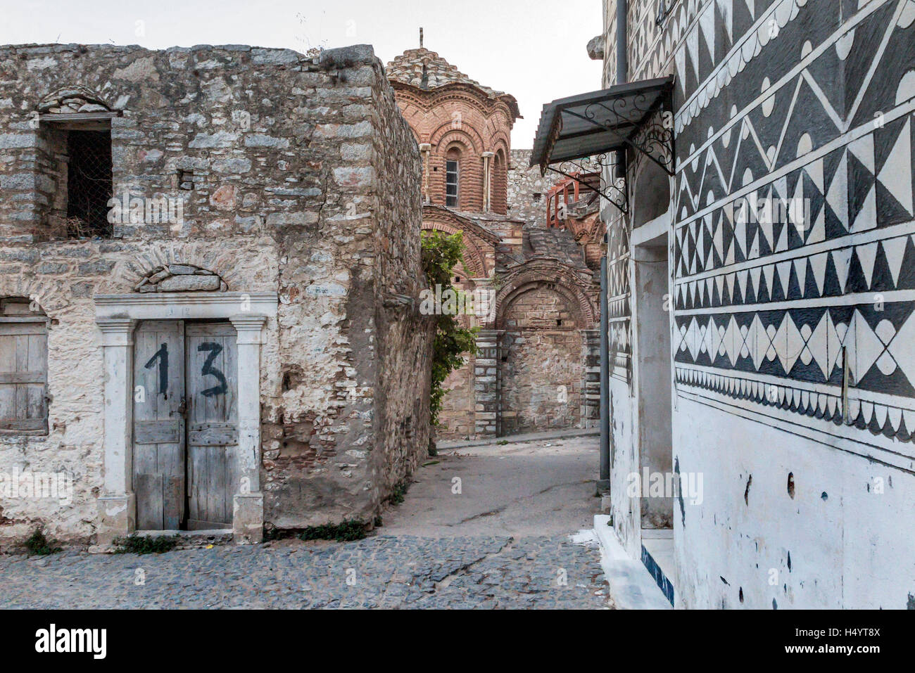 Old byzantine church Agios Apostoli at Pyrgi town square Chios Island Greece Stock Photo