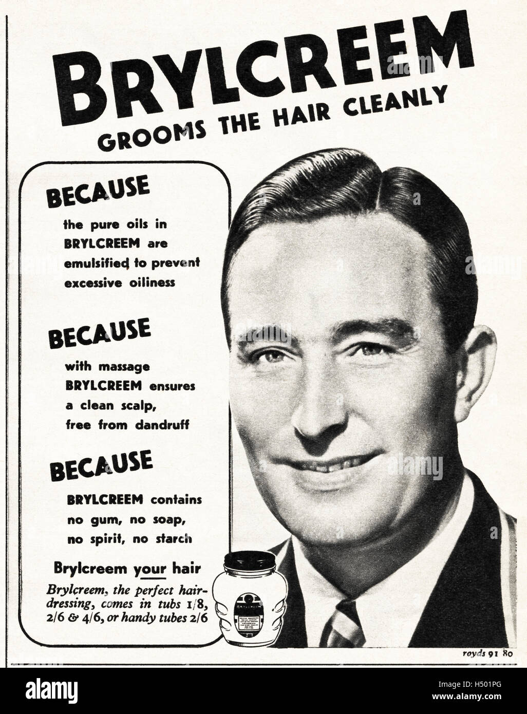 1950s advertising advert from original old vintage magazine dated 1952 retro advertisement for Brylcreem for hair grooming Stock Photo