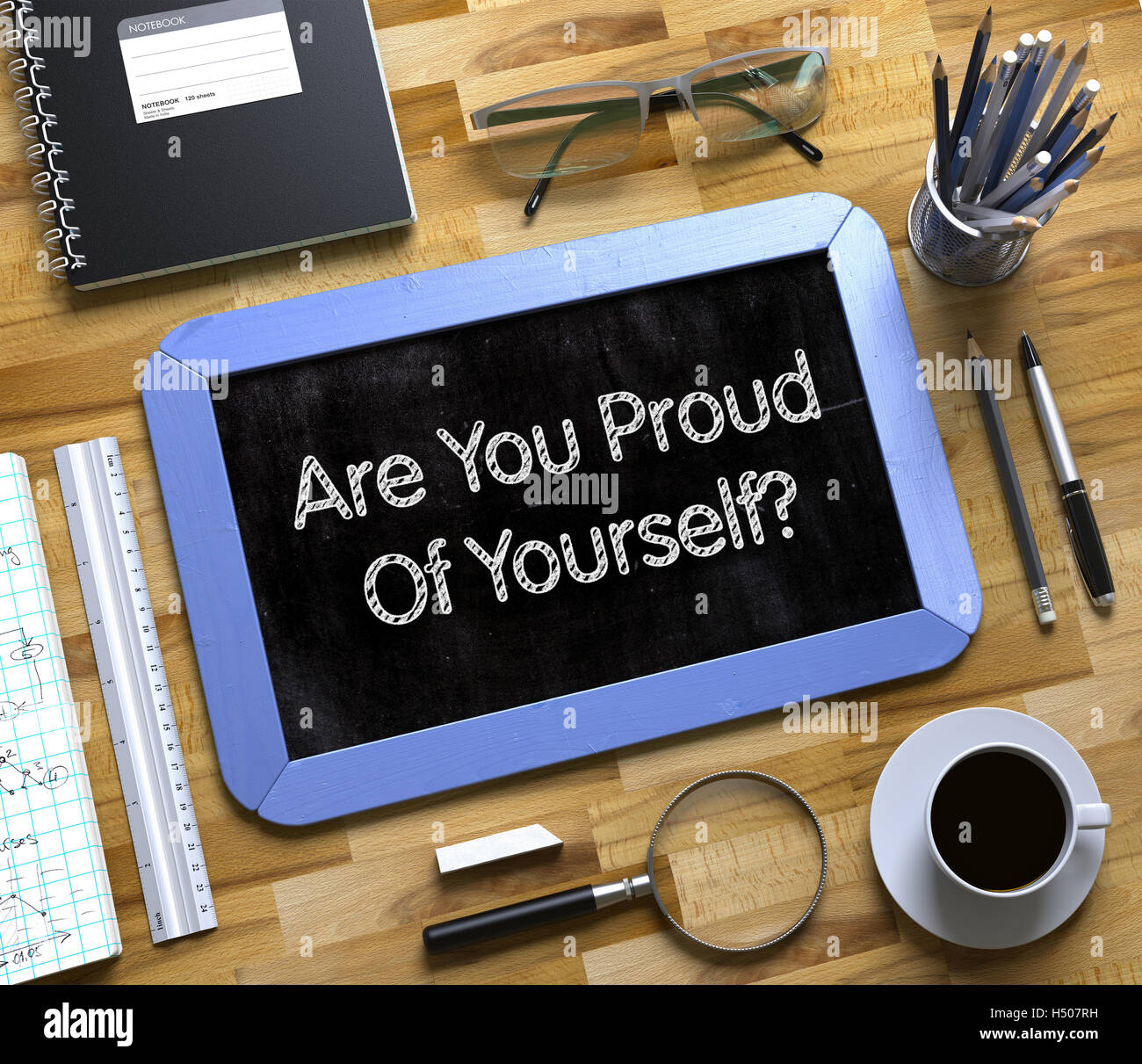 Are You Proud Of Yourself - Text on Small Chalkboard. 3D. Stock Photo
