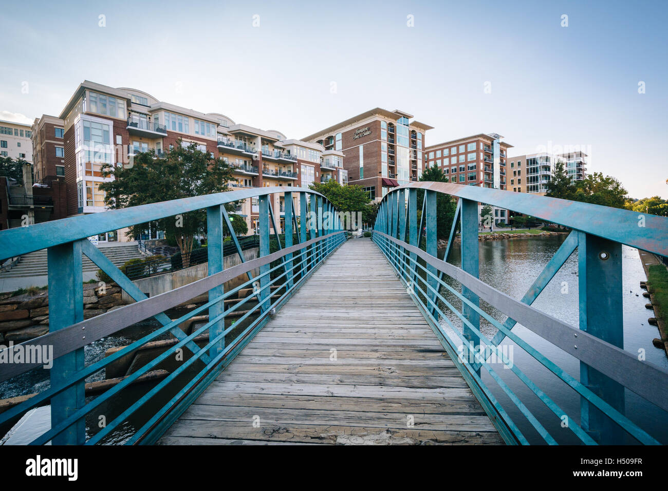 Bridge over the Reedy River in downtown Greenville, South Carolina. Stock Photo