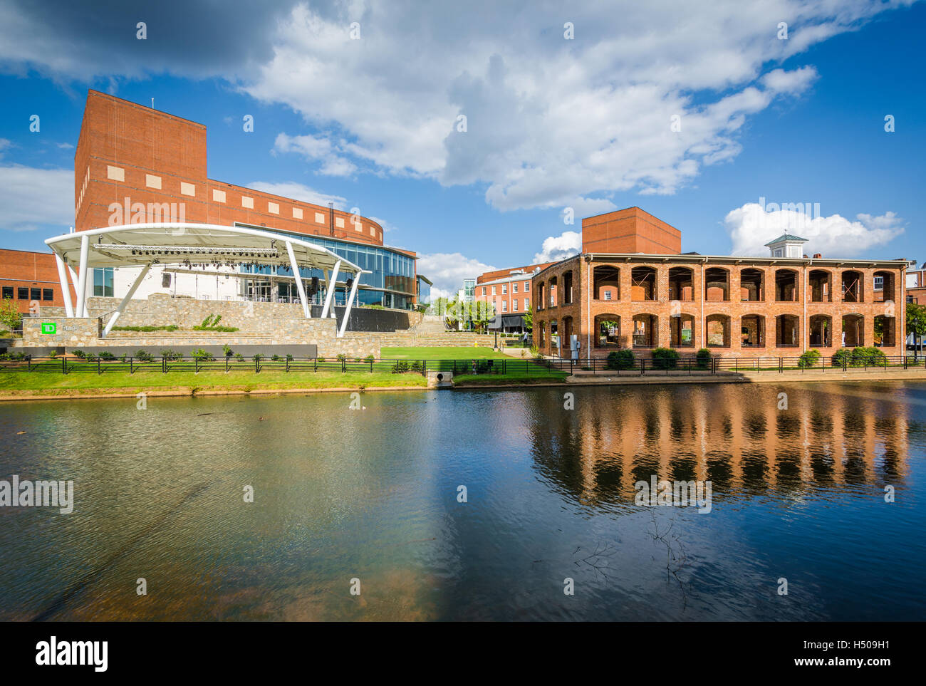 Buildings along the Reedy River, in downtown Greenville, South Carolina. Stock Photo