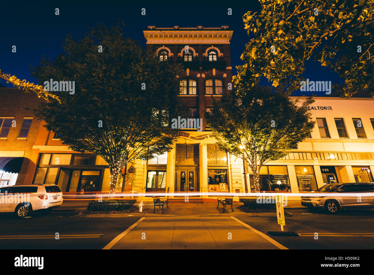 Buildings on Main Street at night, in downtown Rock Hill, South ...